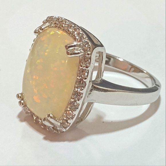 Modern Minimalist Silver Opal Gemstone Wedding Rings For Women, Sz 7 - Picture 8 of 10